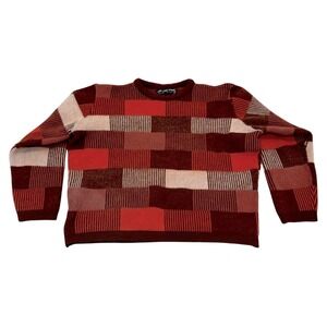 VTG! Demetre Red Cream Brown Color Block Pure Virgin Wool Knit‎ L 90s 80s Retro